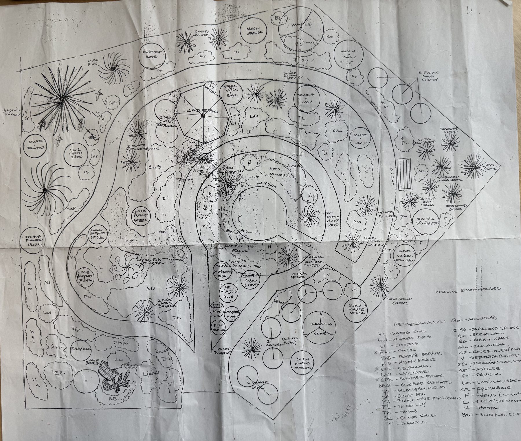 The original hand-drawn English country garden plan for the property, a pen drawing of curved beds and planting circles annotated with species.