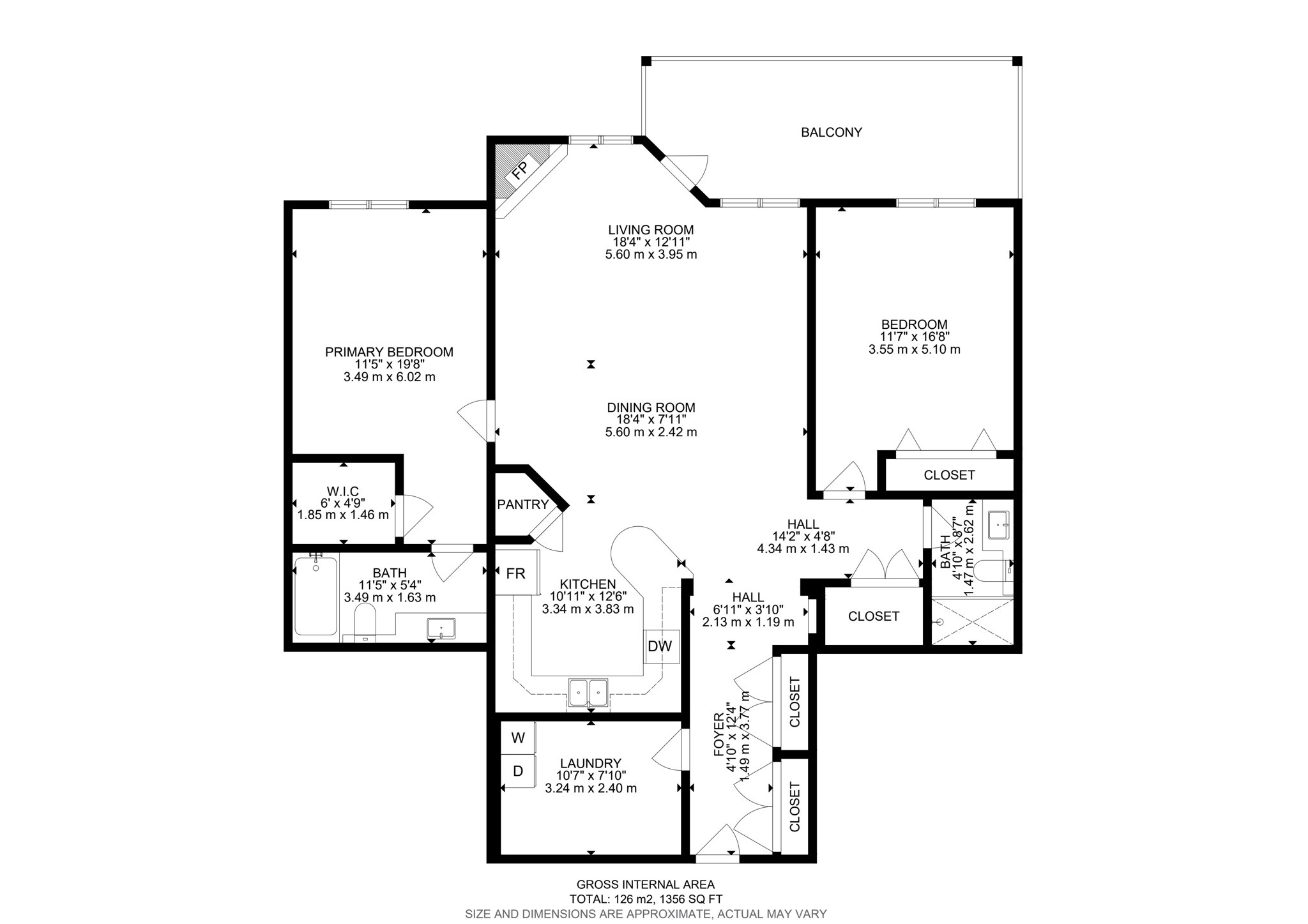 Floor plan of unit 203: living room and dining room across the balcony side, kitchen with pantry behind, primary bedroom with walk-in closet and ensuite at one end, second bedroom and bath at the other, laundry room and foyer between.